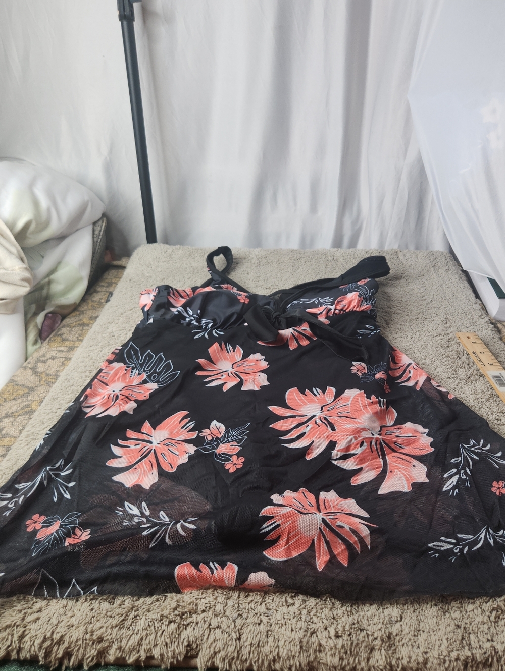 Women's Sheer Black Floral Tankini Top With Swim Panties Attached - Unknown - L